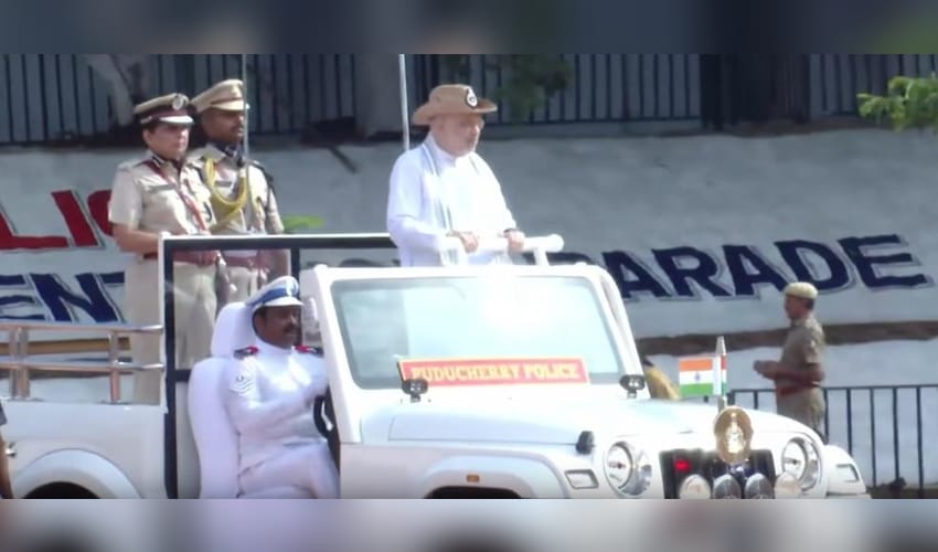 Amit Shah presents presidential colours to Puducherry Police