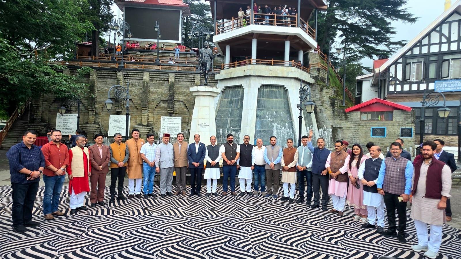 BJP lawmakers sing Vande Mataram before Mahatma Gandhi's statue in Shimla 