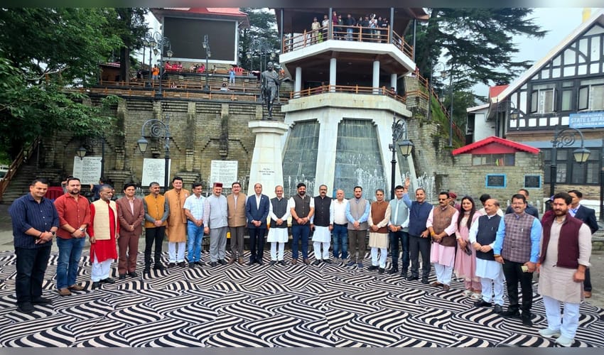 BJP lawmakers sing Vande Mataram before Mahatma Gandhi's statue in Shimla