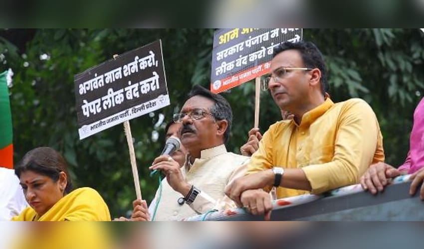 Delhi BJP chief leads protest against paper leaks in AAP-ruled Punjab