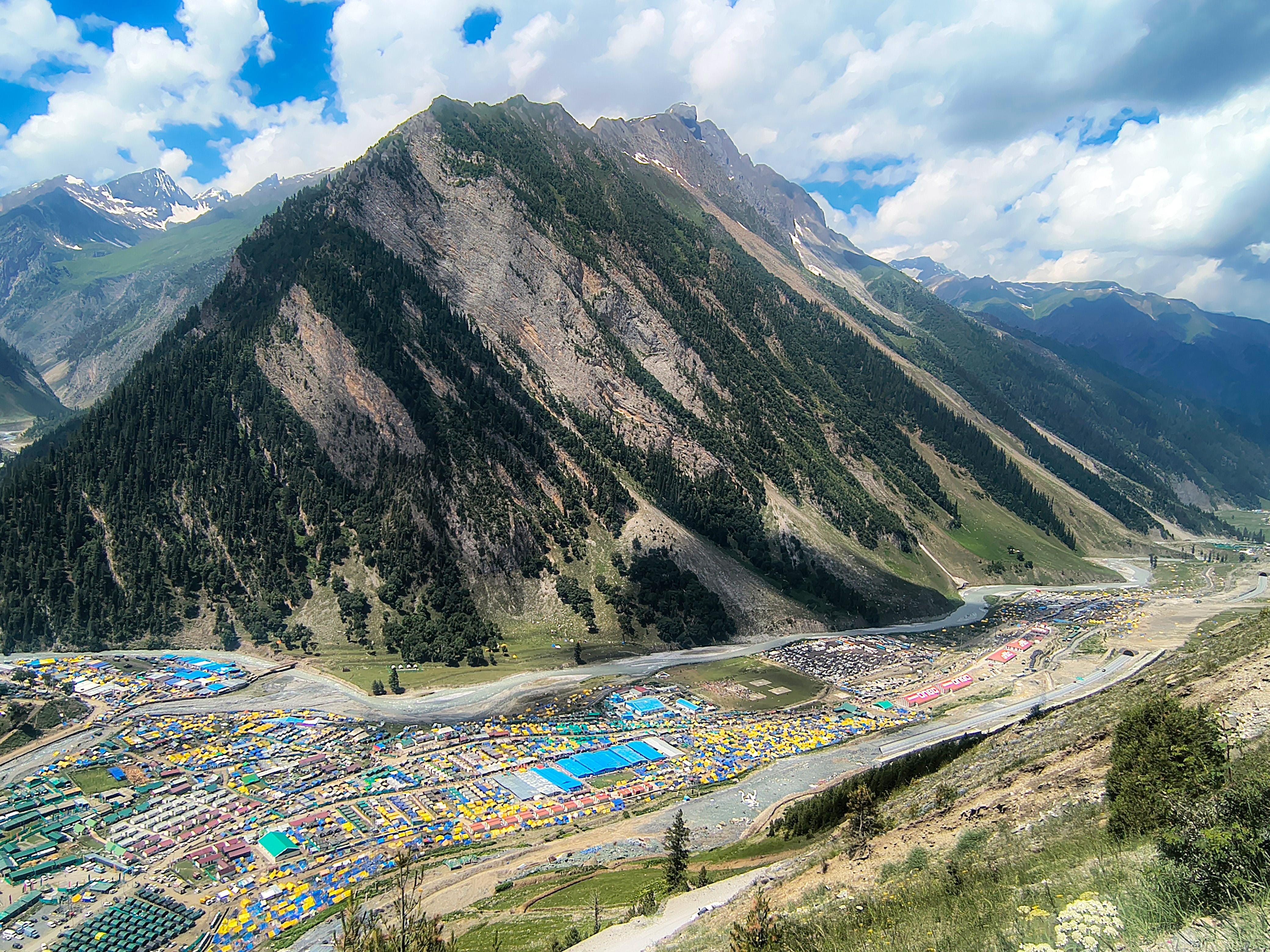 Ganderbal: Aerial view of Baltal base camp during Amarnath Yatra