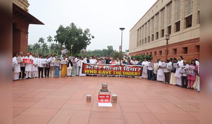 INDIA bloc stages 'Who gave the order' protest at Parliament; NDA says 'raise meaningful questions'