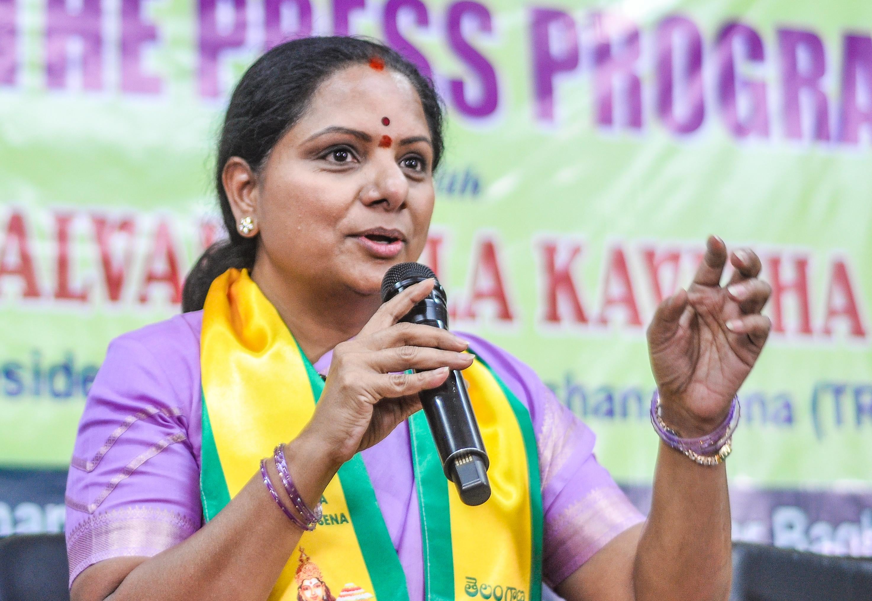 K Kavitha addresses media in Hyderabad