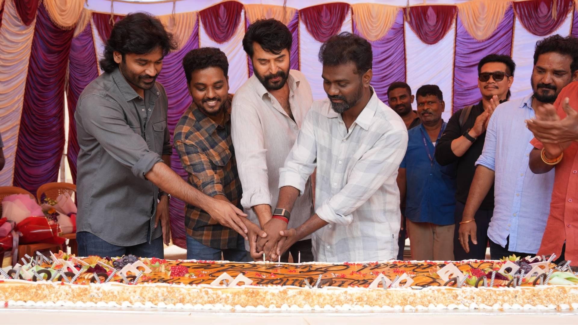 Mammootty, Dhanush, Rajkumar Periasamy, Kalaivanan jointly celebrate National Award wins on sets of 'Om' (Photo credit: Mammootty/X)