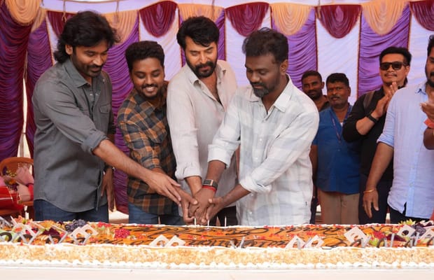Mammootty, Dhanush, Rajkumar Periasamy, Kalaivanan jointly celebrate National Award wins on sets of 'Om' (Photo credit: Mammootty/X)