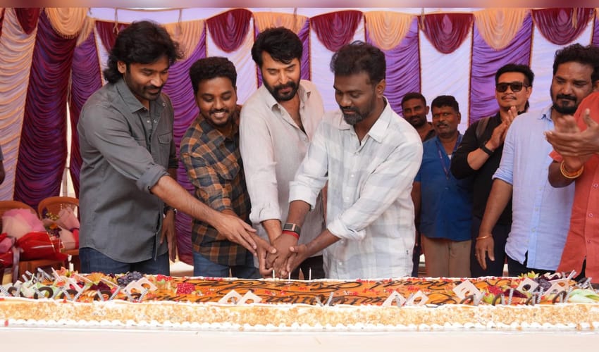 Mammootty, Dhanush, Rajkumar Periasamy, Kalaivanan jointly celebrate National Award wins on sets of 'Om' (Photo credit: Mammootty/X)