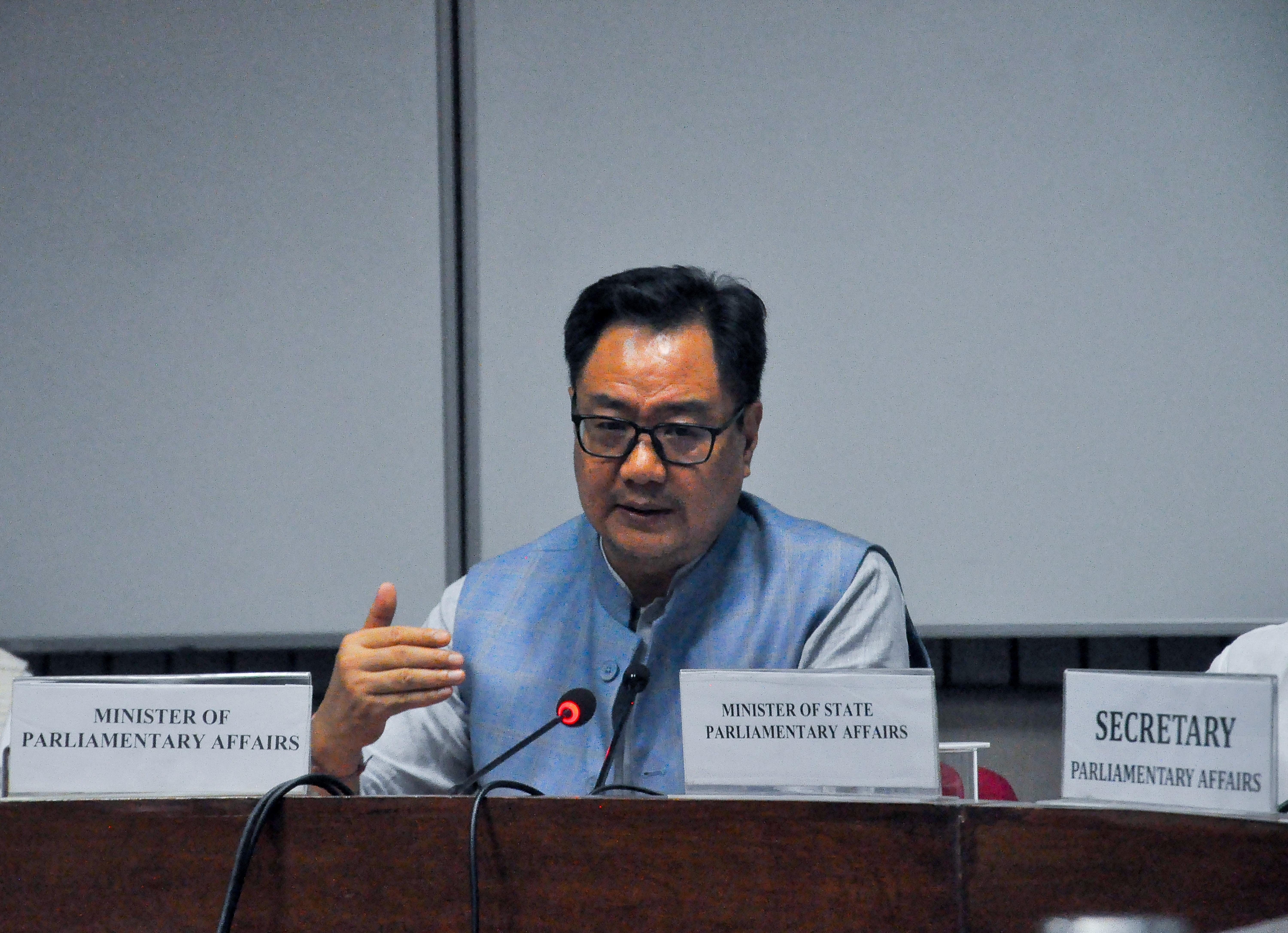 New Delhi: Kiren Rijiju addresses press conference at Parliament House