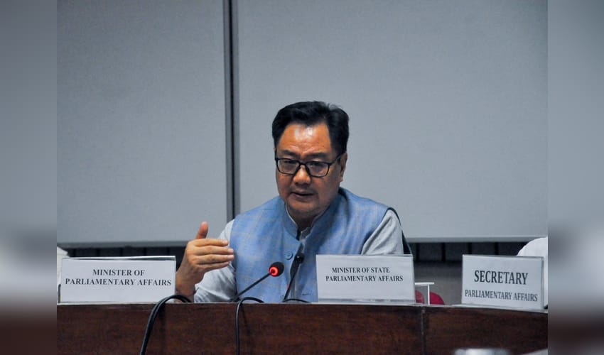 New Delhi: Kiren Rijiju addresses press conference at Parliament House