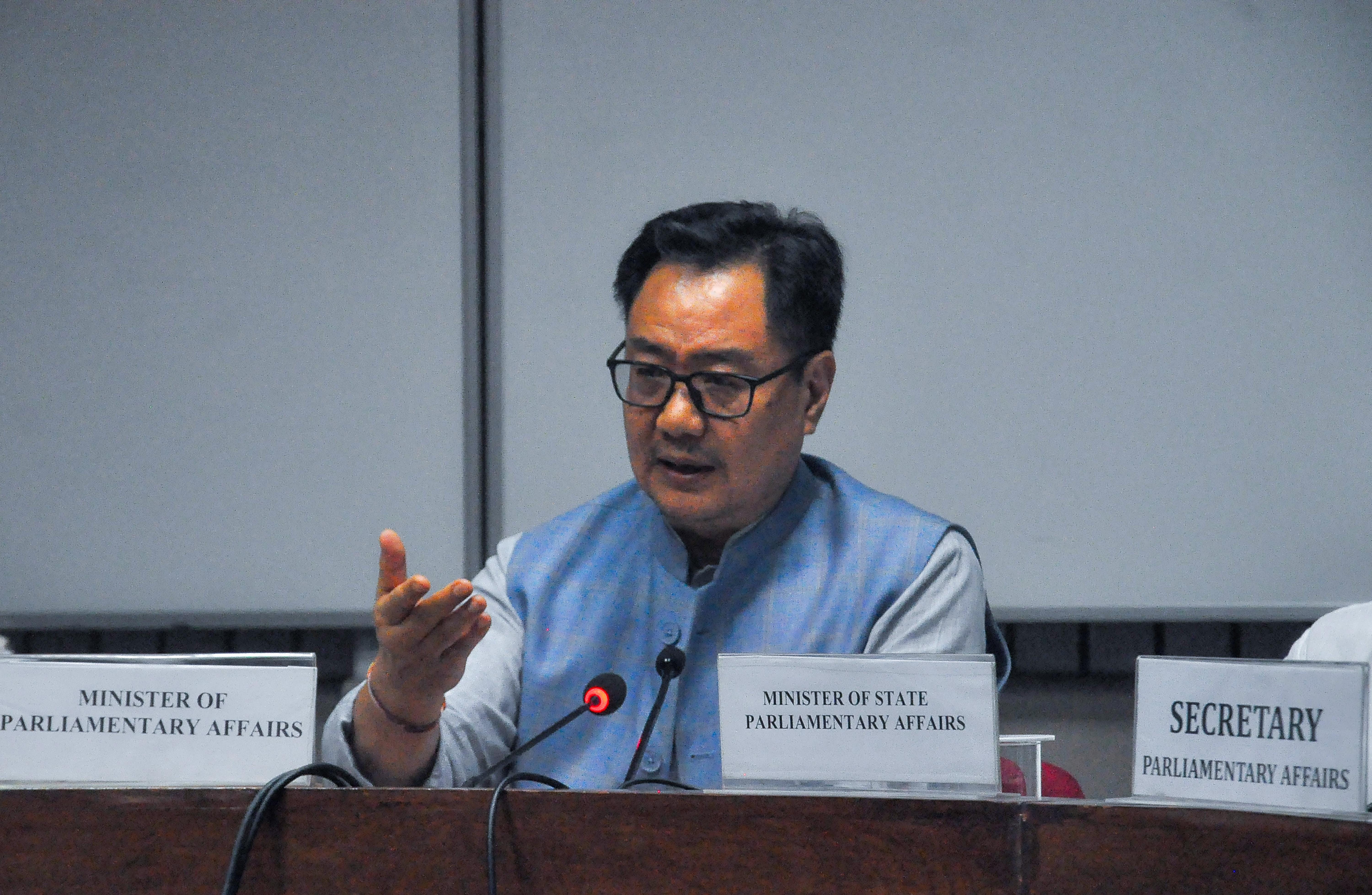 New Delhi: Kiren Rijiju addresses press conference at Parliament House