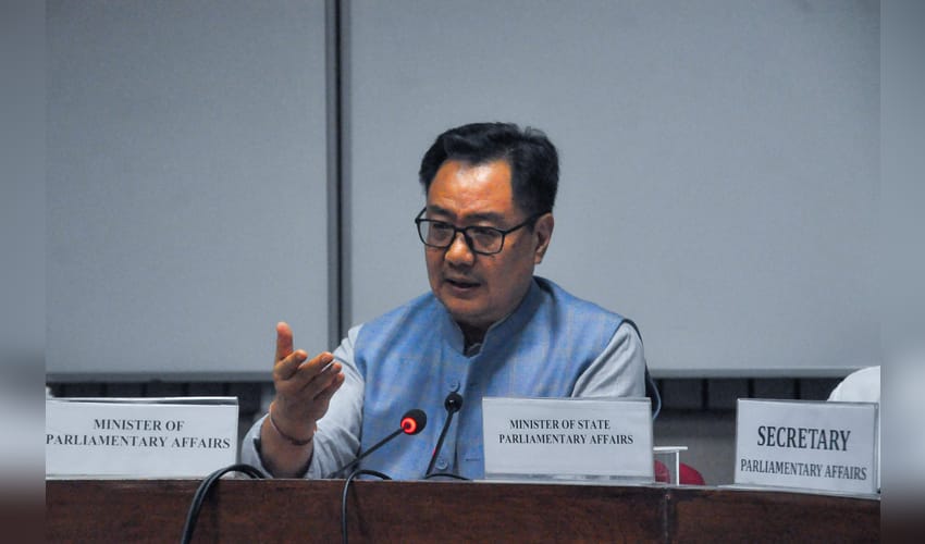New Delhi: Kiren Rijiju addresses press conference at Parliament House