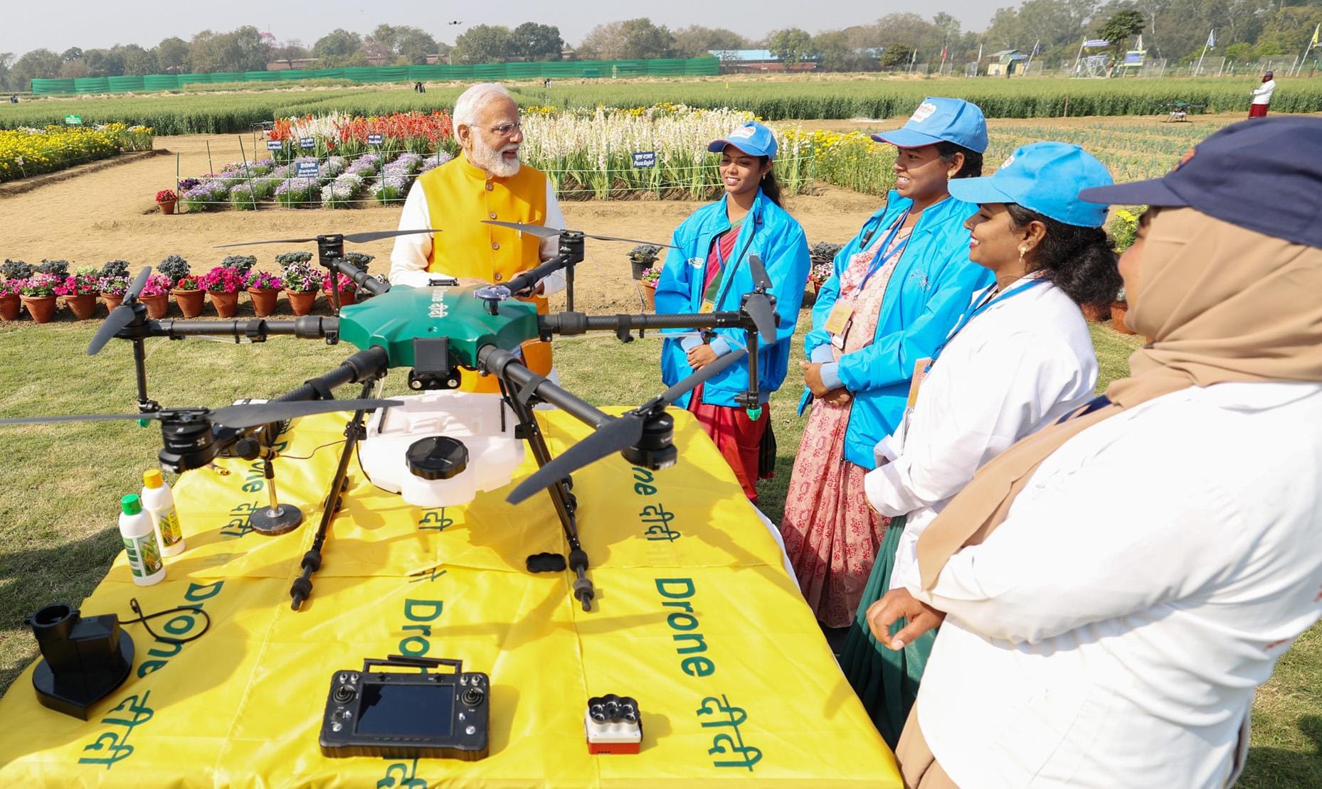 New Delhi: Prime Minister Narendra Modi witnesses agricultural drone demonstrations by Namo Drone Didis during Sashakt Nari - Viksit Bharat programme