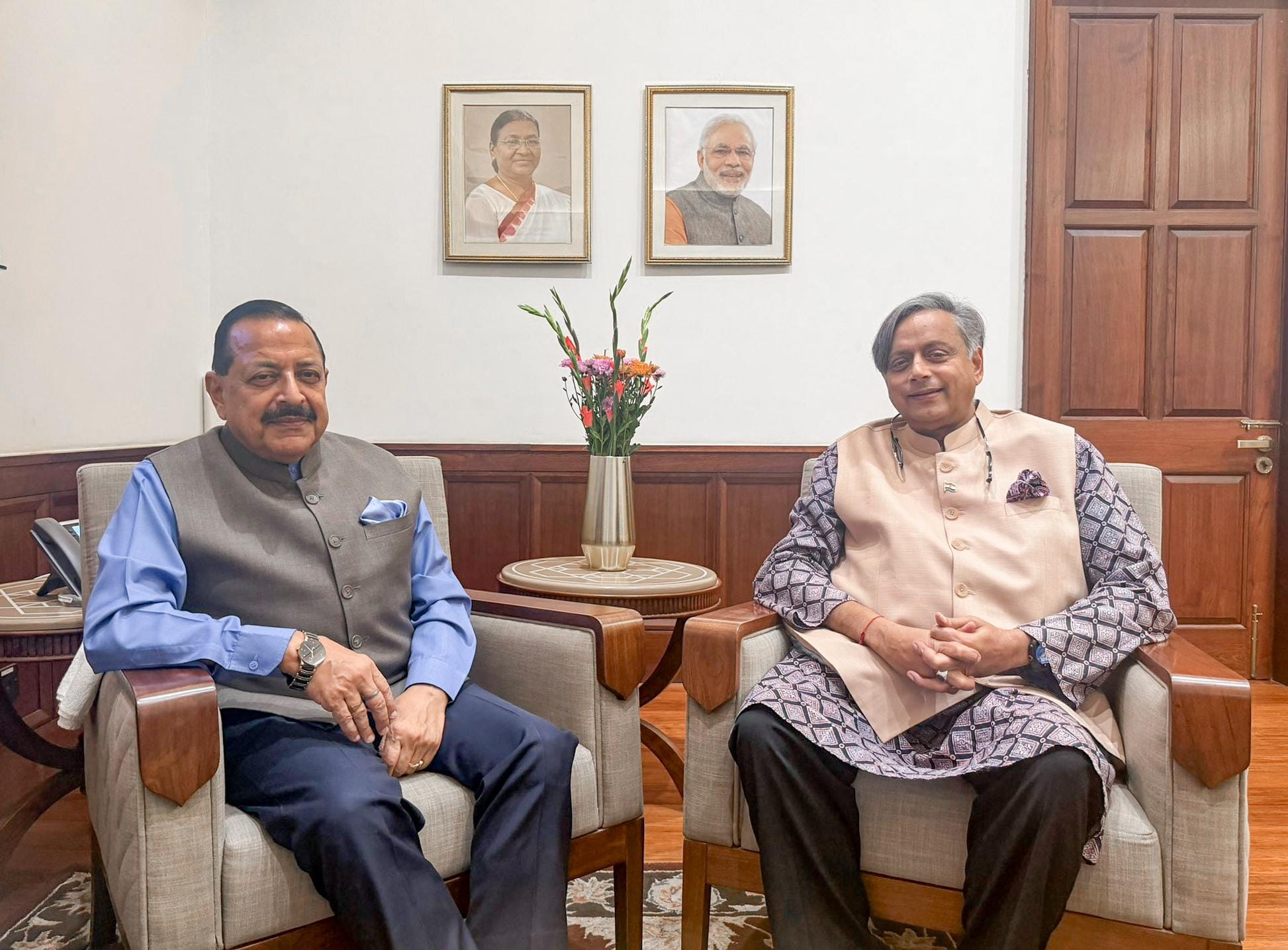 New Delhi: Shashi Tharoor meets Jitendra Singh at Parliament House