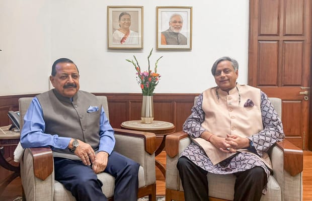 New Delhi: Shashi Tharoor meets Jitendra Singh at Parliament House