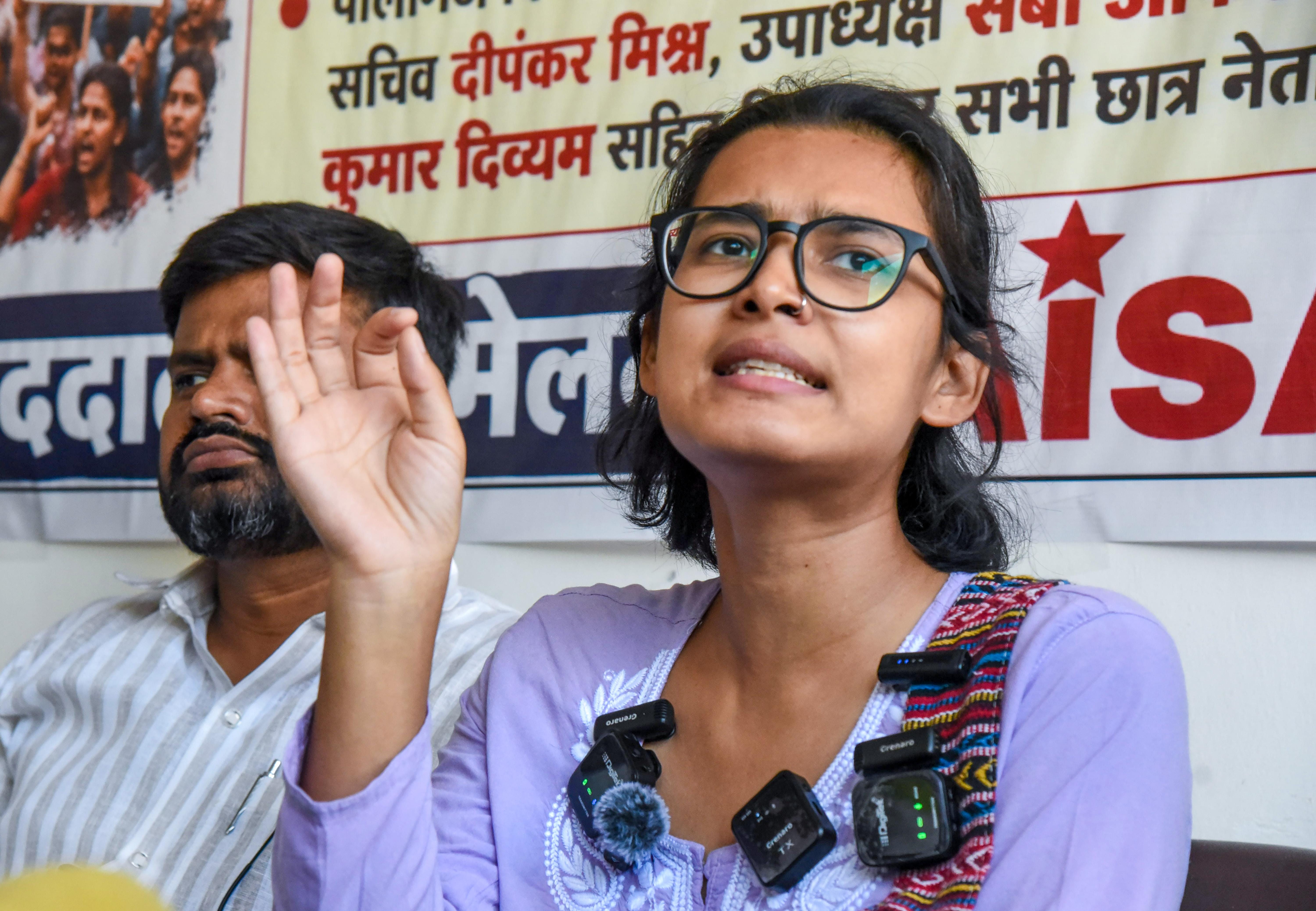 Patna: AISA President Neha Bora addresses press conference