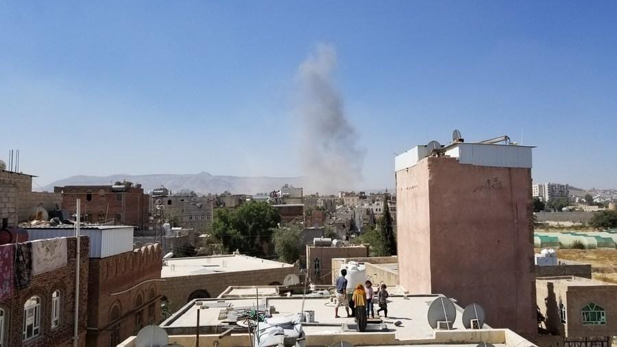 Sanaa,smoke,military camp,controlled,airstrike,Yemen,Saudi,airstrike,Houthi,