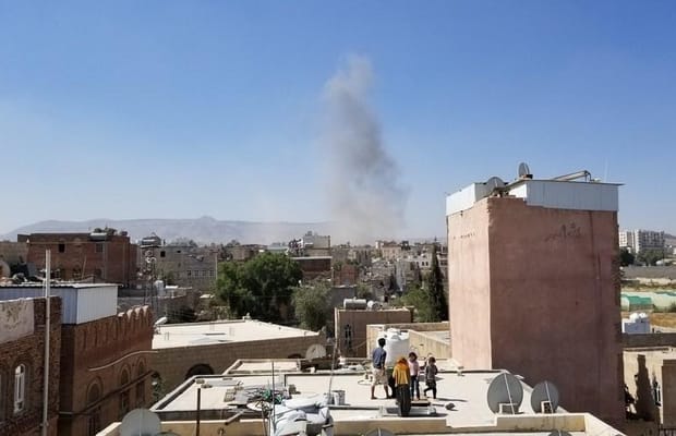 Sanaa,smoke,military camp,controlled,airstrike,Yemen,Saudi,airstrike,Houthi,
