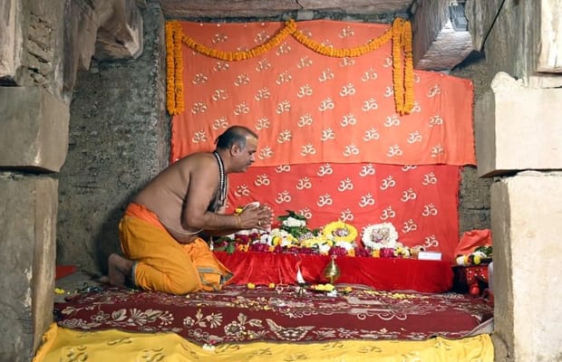 Varanasi: A priest offers prayers at 'Vyas Ji ka Tehkhana' inside Gyanvapi mosque in Varanasi