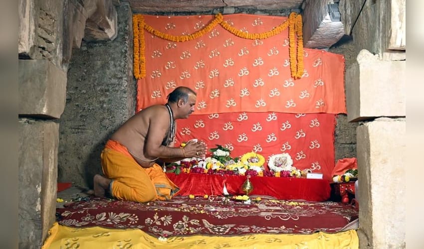 Varanasi: A priest offers prayers at 'Vyas Ji ka Tehkhana' inside Gyanvapi mosque in Varanasi