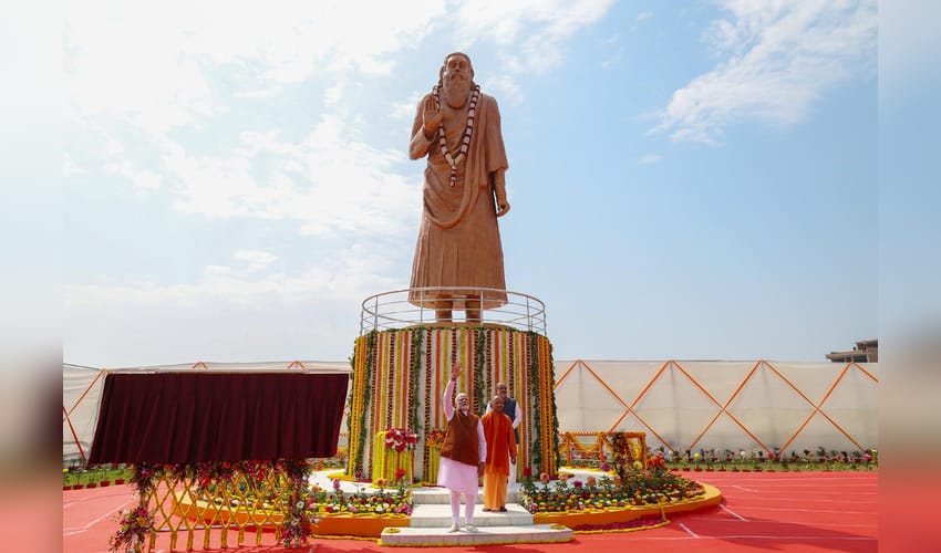 Varanasi : Prime Minister Narendra Modi unveils the statue of Sant Guru Ravidas on the occasion of his 647th Birth Anniversary