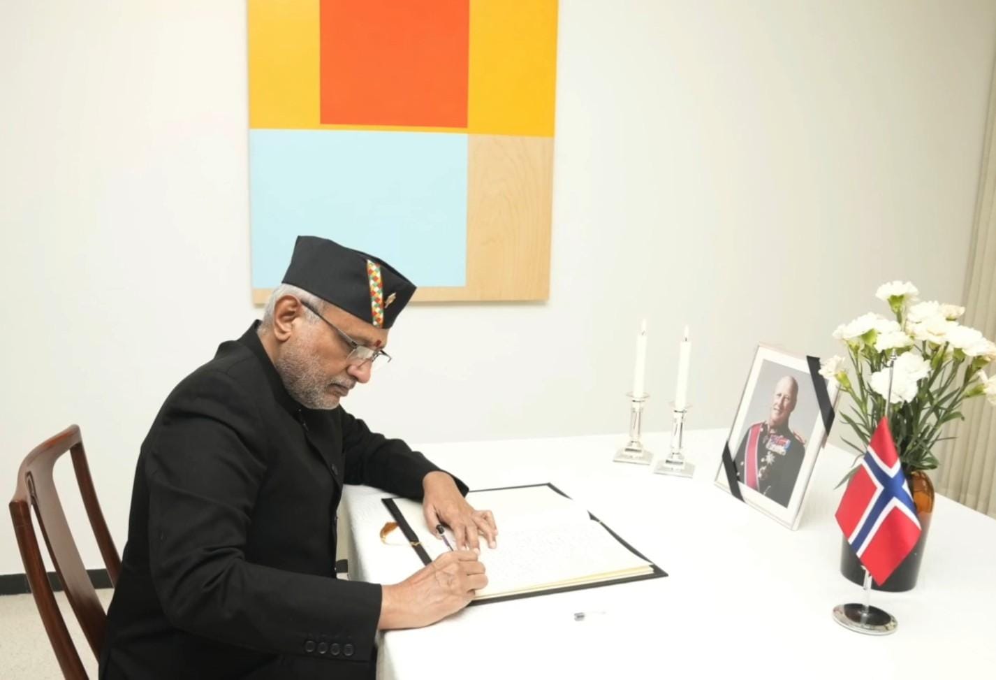 Vice President Radhakrishnan visits Norwegian Embassy, offers condolences on King Harald V's death