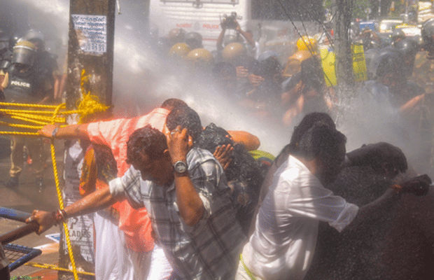 Water cannons used on Karni Sena protesters in Jaipur as demonstrators remove barricades