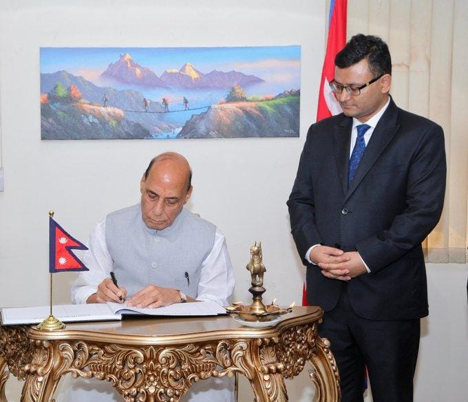 We stand shoulder to shoulder: Rajnath Singh visits Nepal Embassy, offers condolences over devastating floods 
